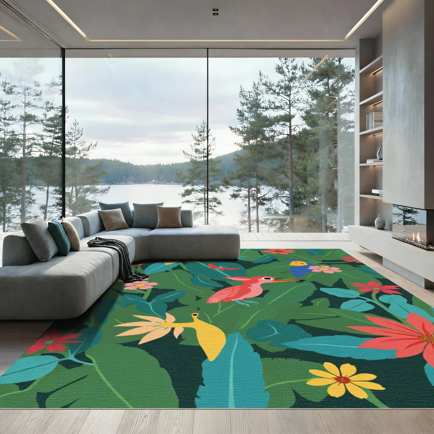 Red Pink Bird Tropical Jungle Flowers Rug
