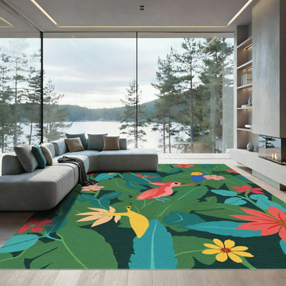 Red Pink Bird Tropical Jungle Flowers Rug