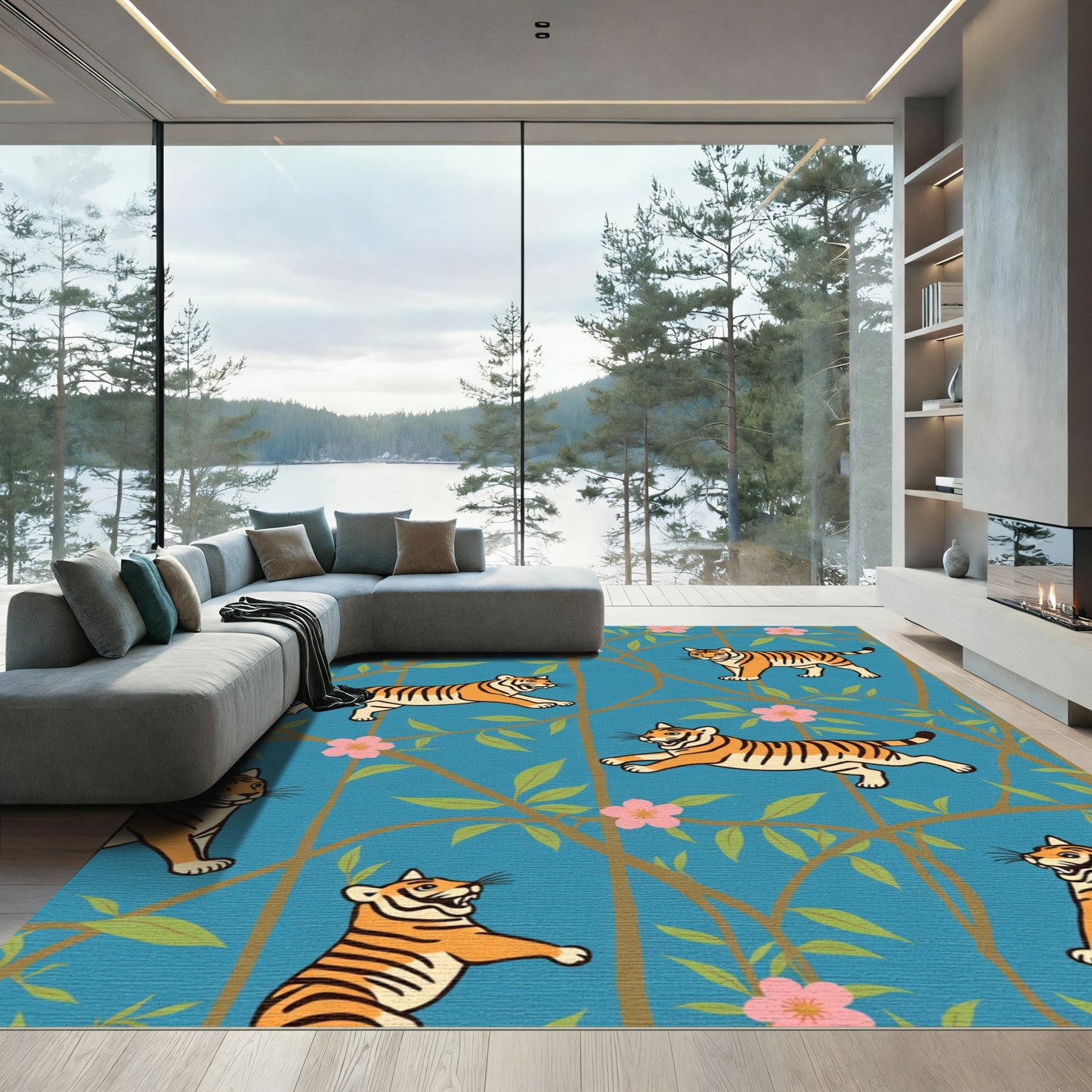 Whimsical Tiger Floral Tree Wallpaper Rug