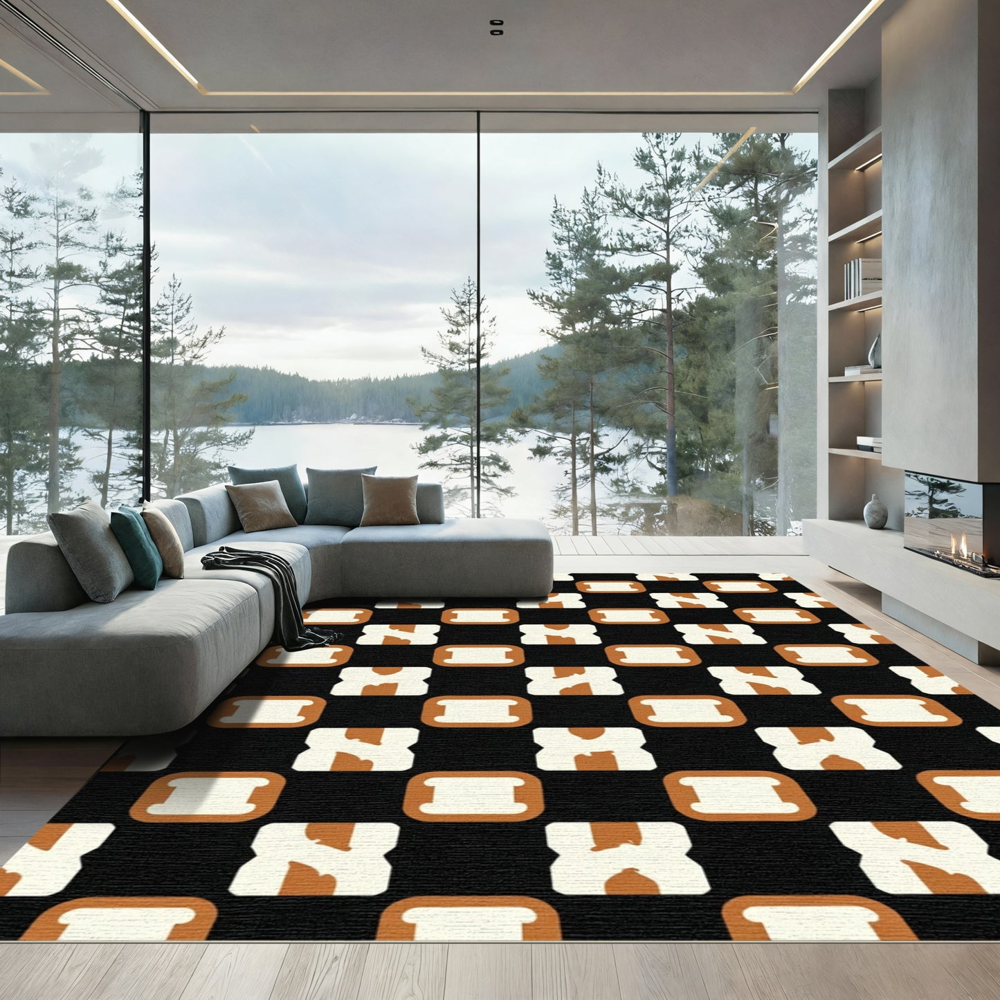 Black White Brown Interlocking Squares Rug