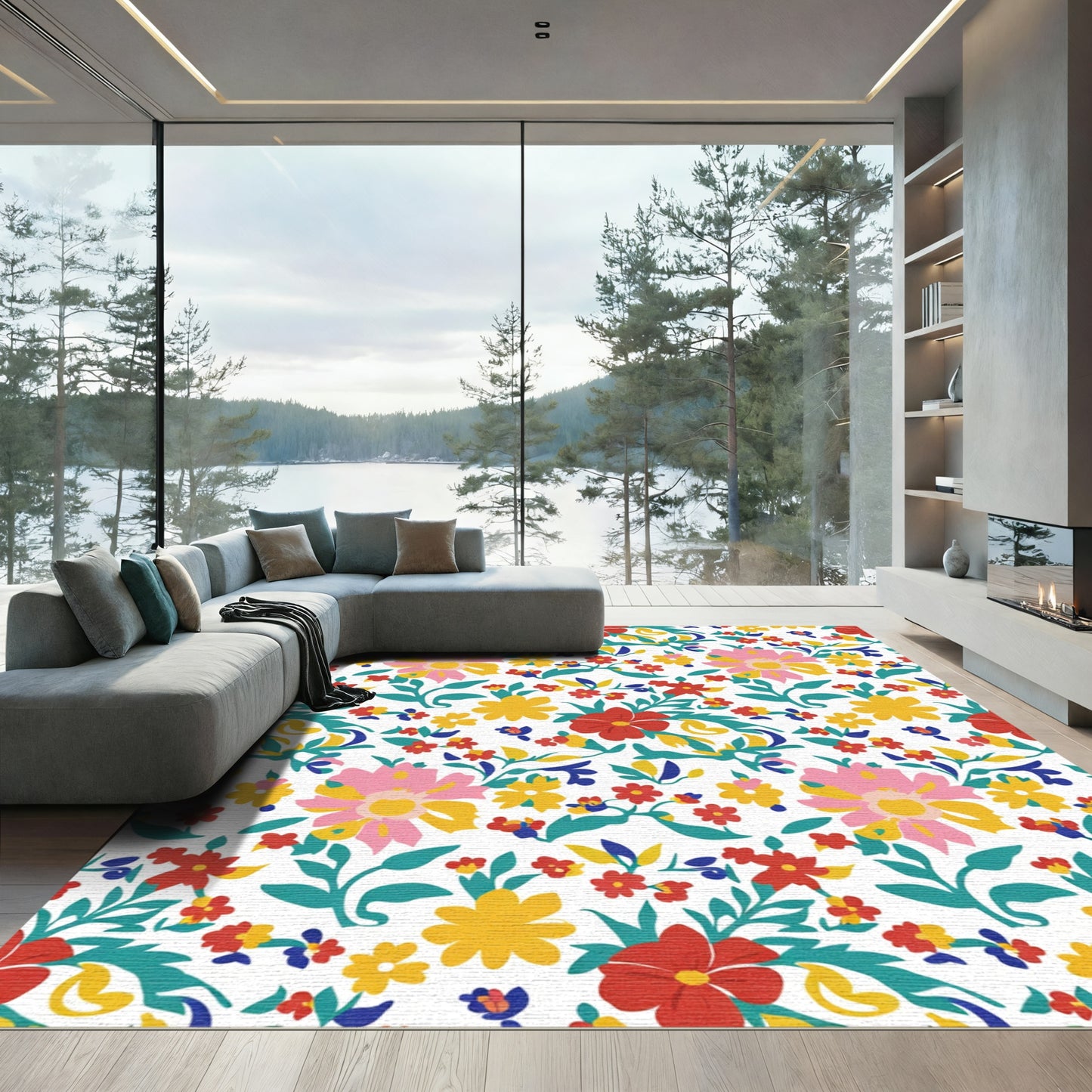 Vibrant red yellow pink floral bouquet Rug