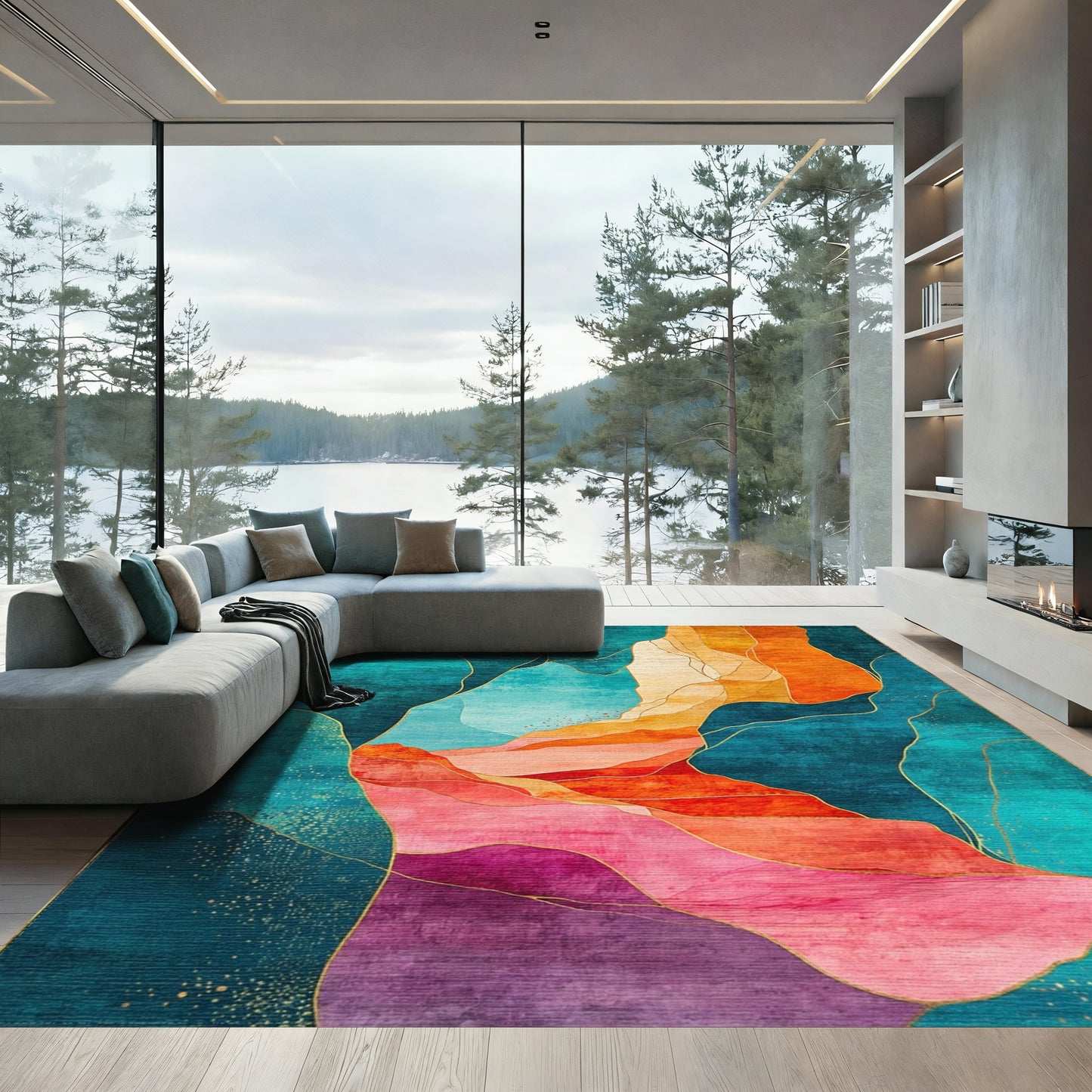 Teal Orange Gold Fluid Mountains Rug