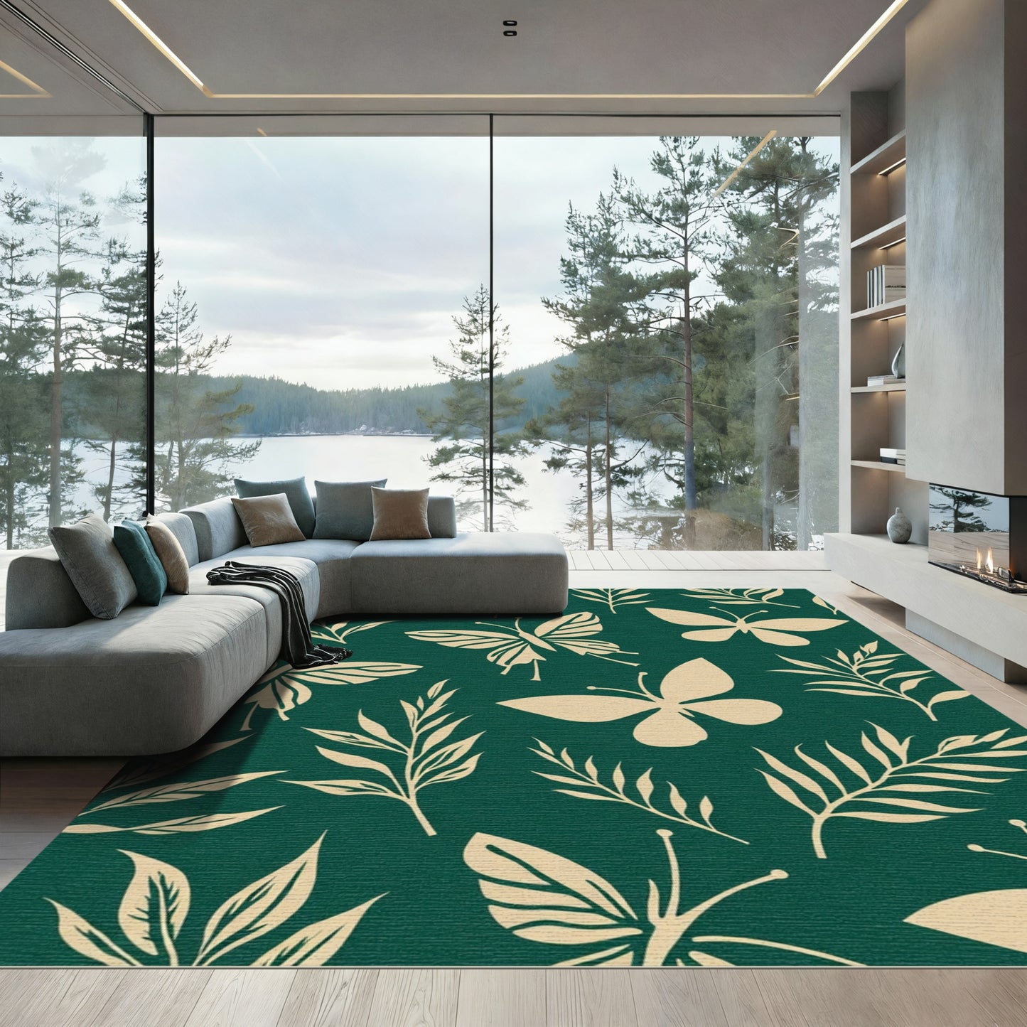 Cream Butterfly Foliage Scene Rug