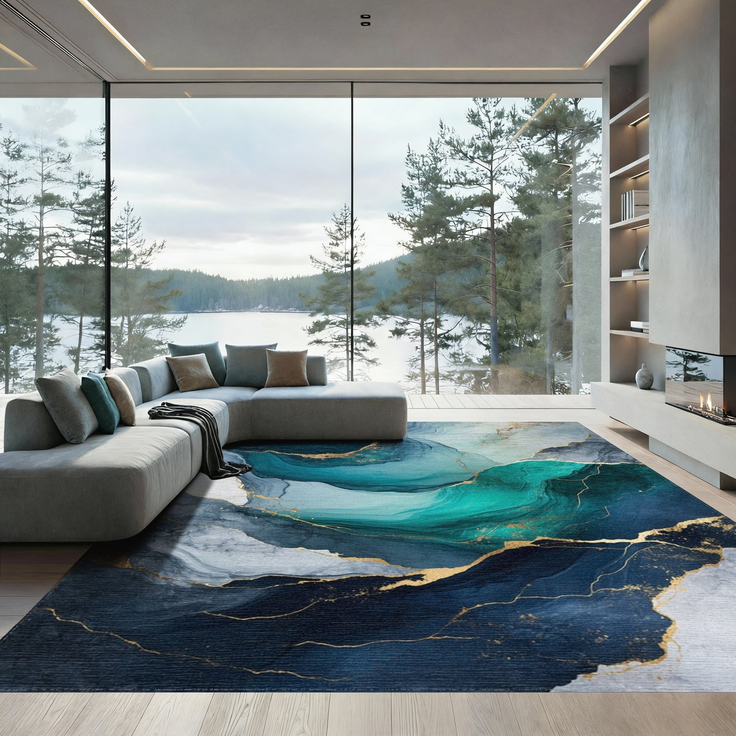 Fluid Teal Gold Marble Rug