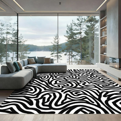 Bold Black White Maze Lines Rug