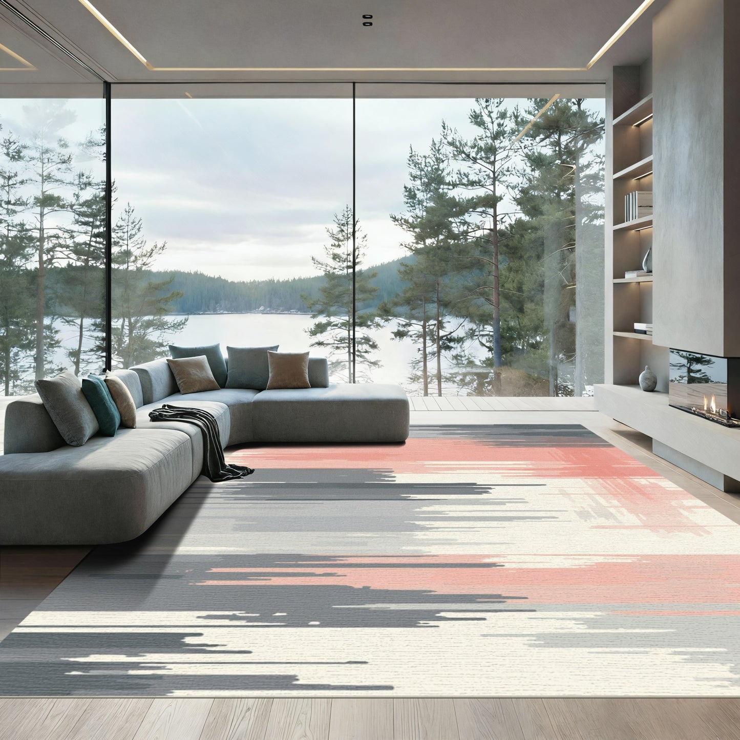 Coral Gray Slate Abstract Stripe Rug