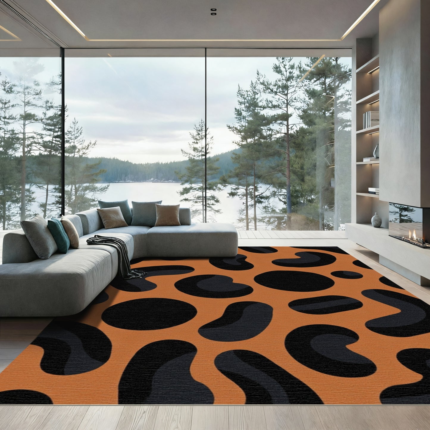Burnt Orange Black Abstract Blob Rug