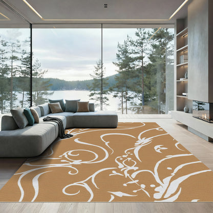Brown White Abstract Floral Scroll Rug