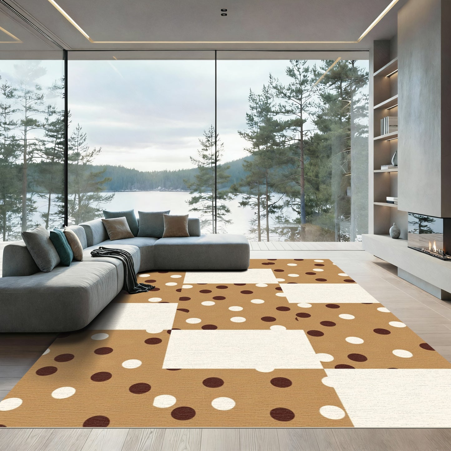 Brown White Scattered Polka Dots Rectangles Rug