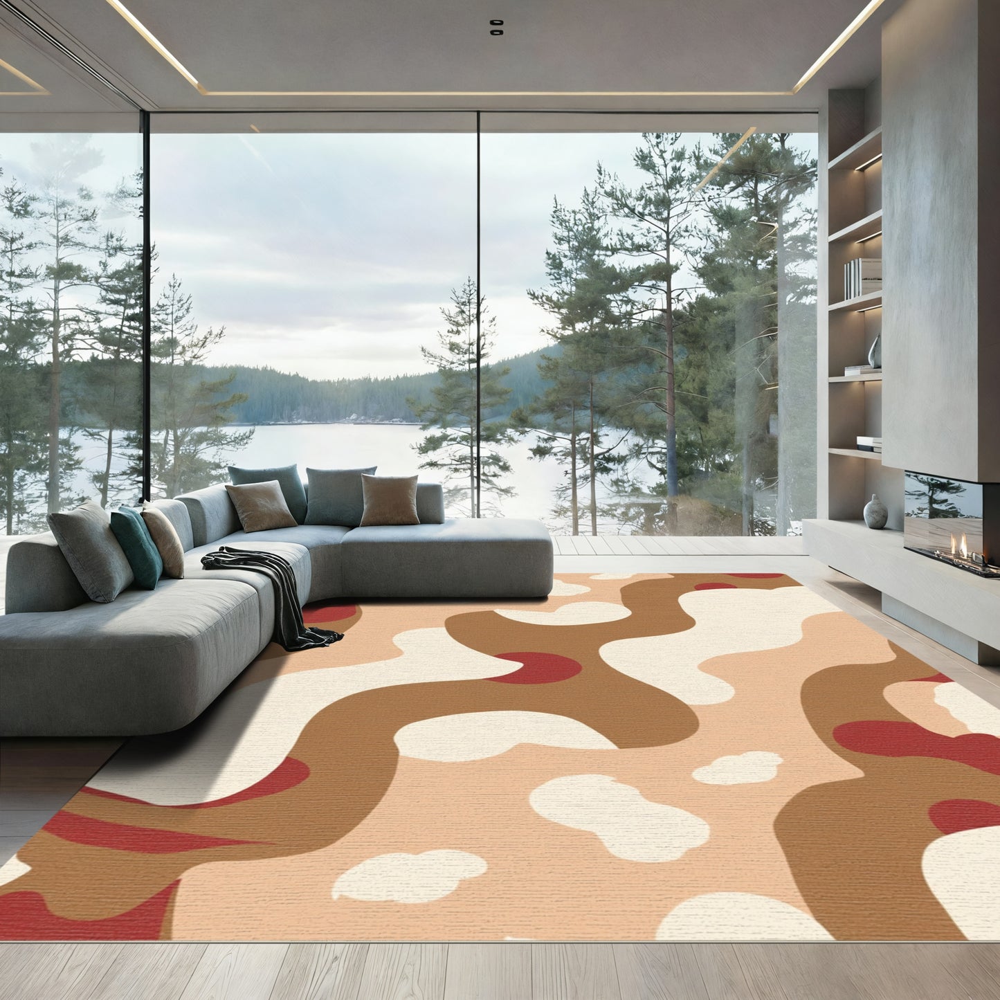 Terracotta and Cream Abstract Waves Rug