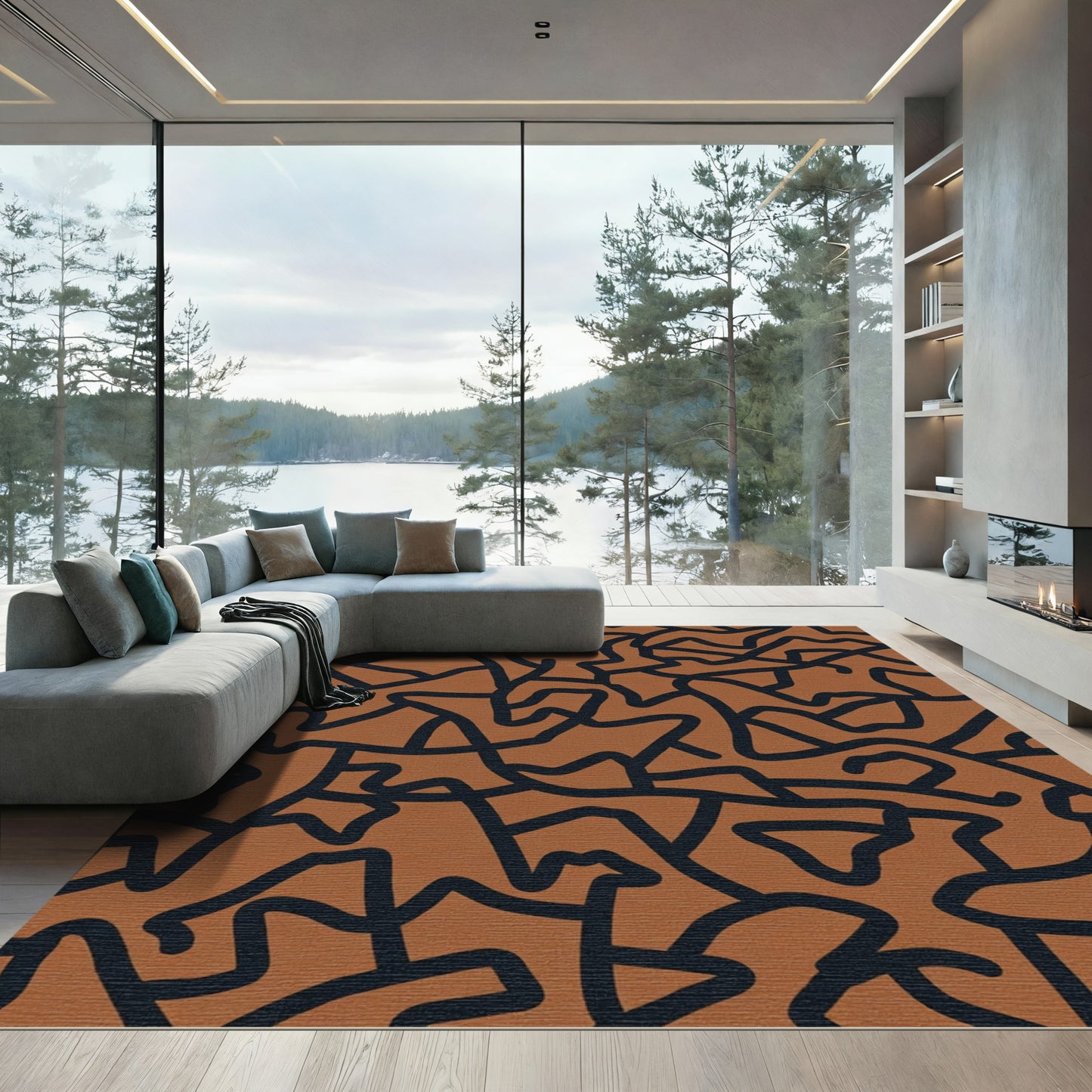 Terracotta Abstract Continuous Line Rug
