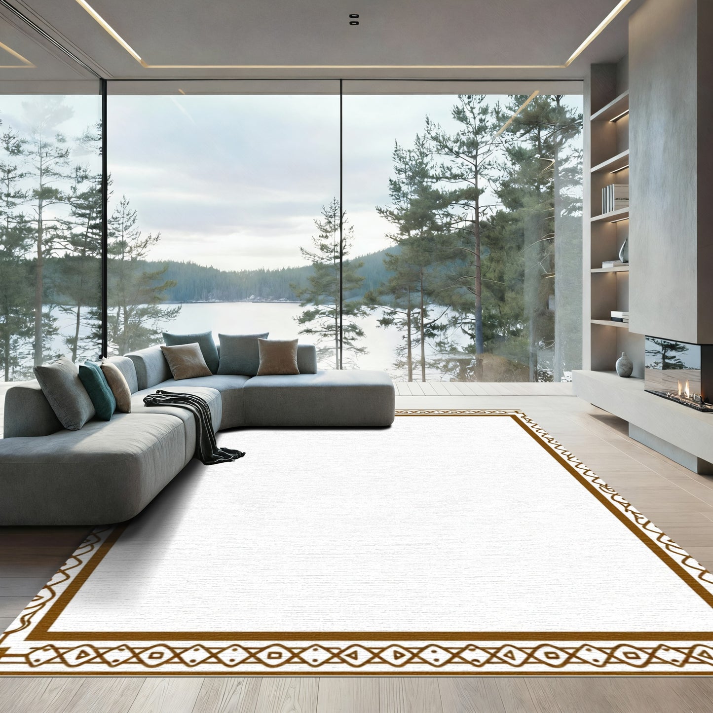 Brown Geometric Border Square Rug