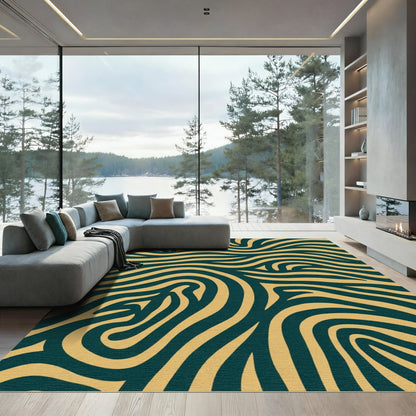 Gold Cyan Abstract Wavy Stripes Rug