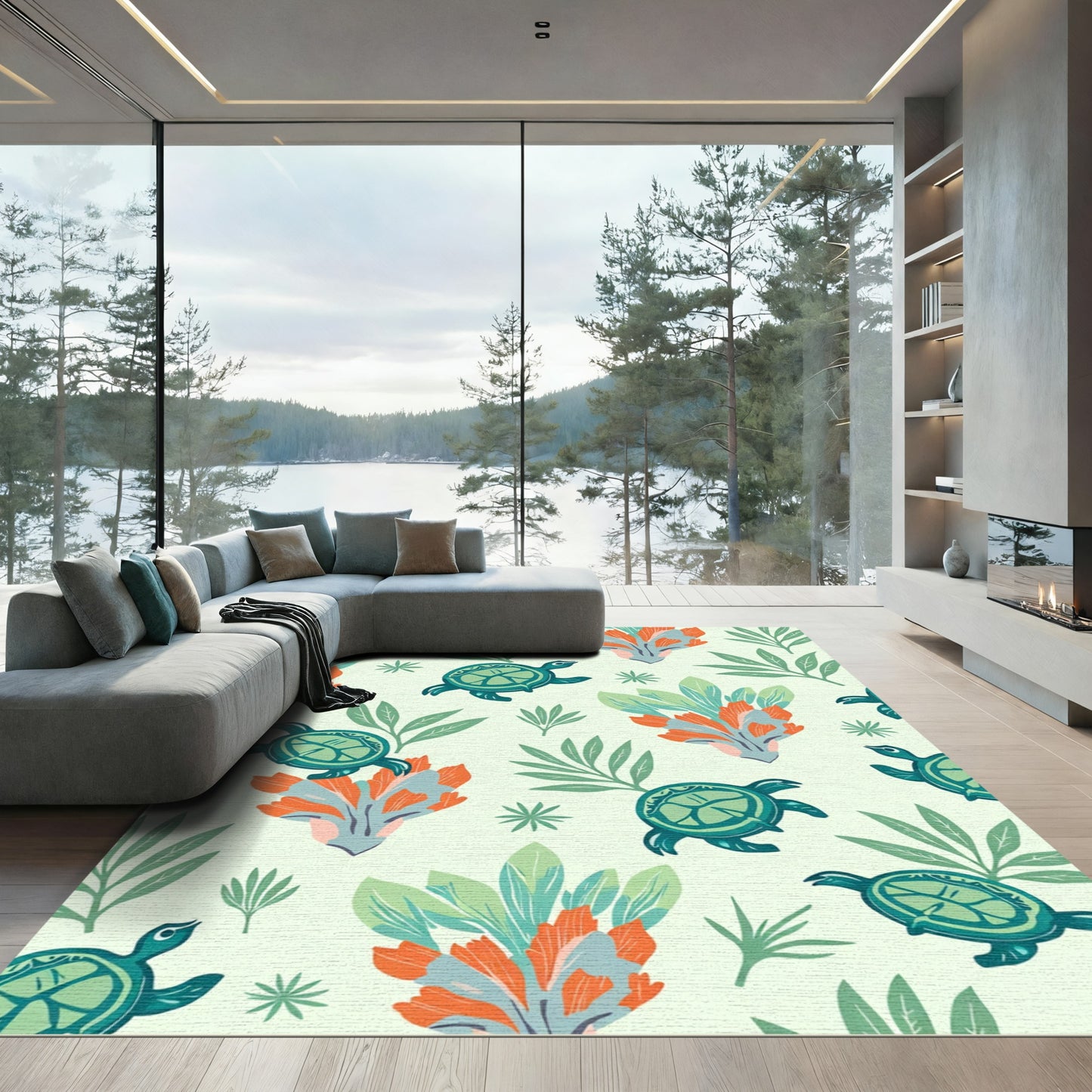 Teal Turtle Coral Leaf Arrangement Rug