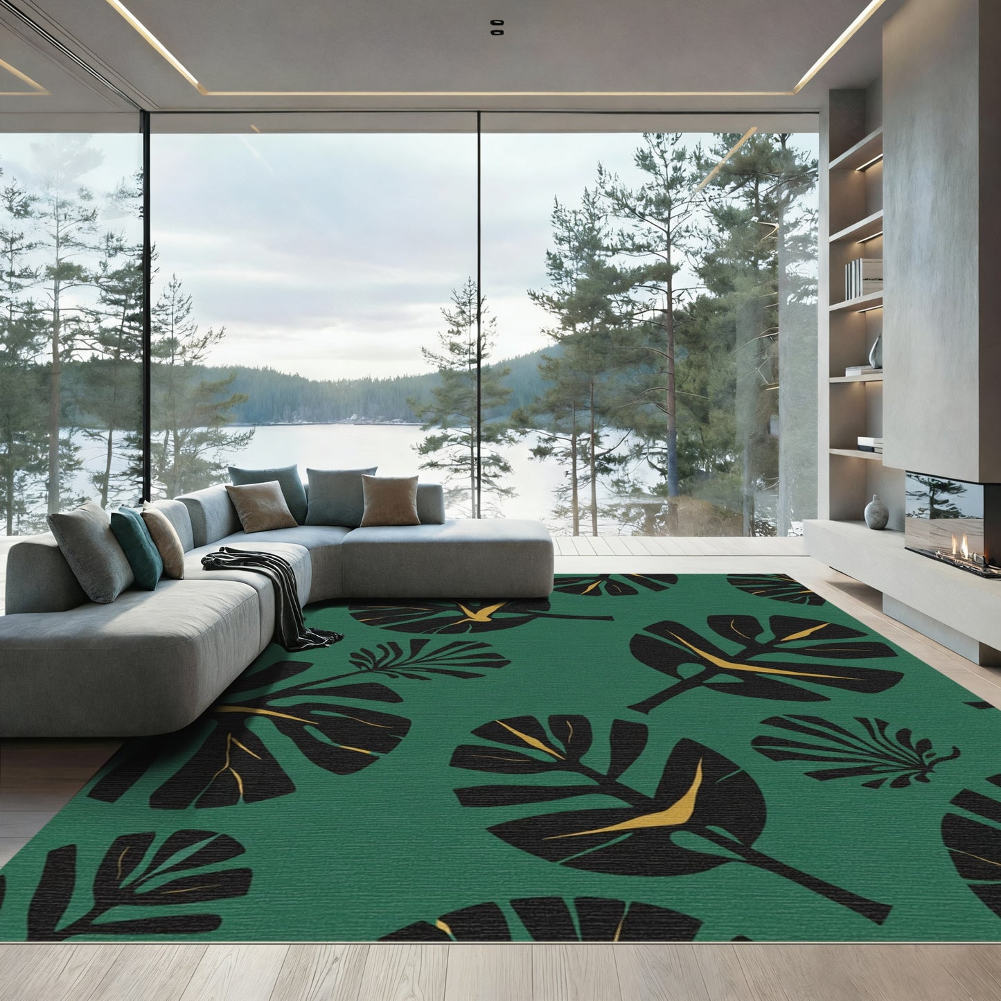 Bold Black Tropical Leaf Collage Rug