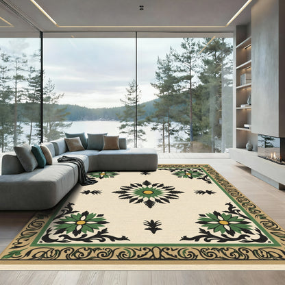 Green Black Floral Medallion Cream Border Rug