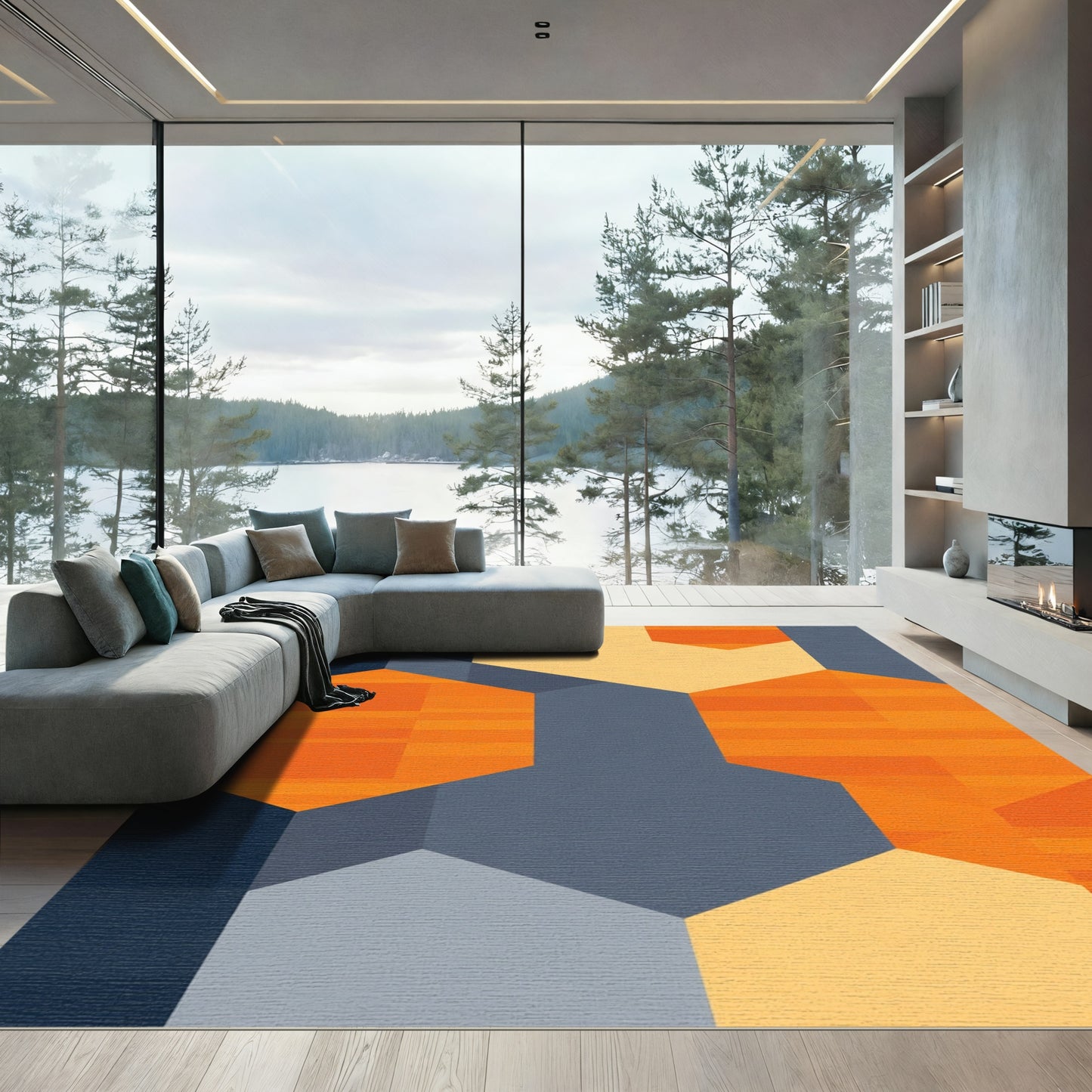 Modern Orange Hexagonal Geometric Abstract Rug