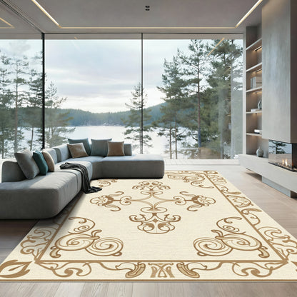 Beige Rococo Swirl Scroll Border Rug