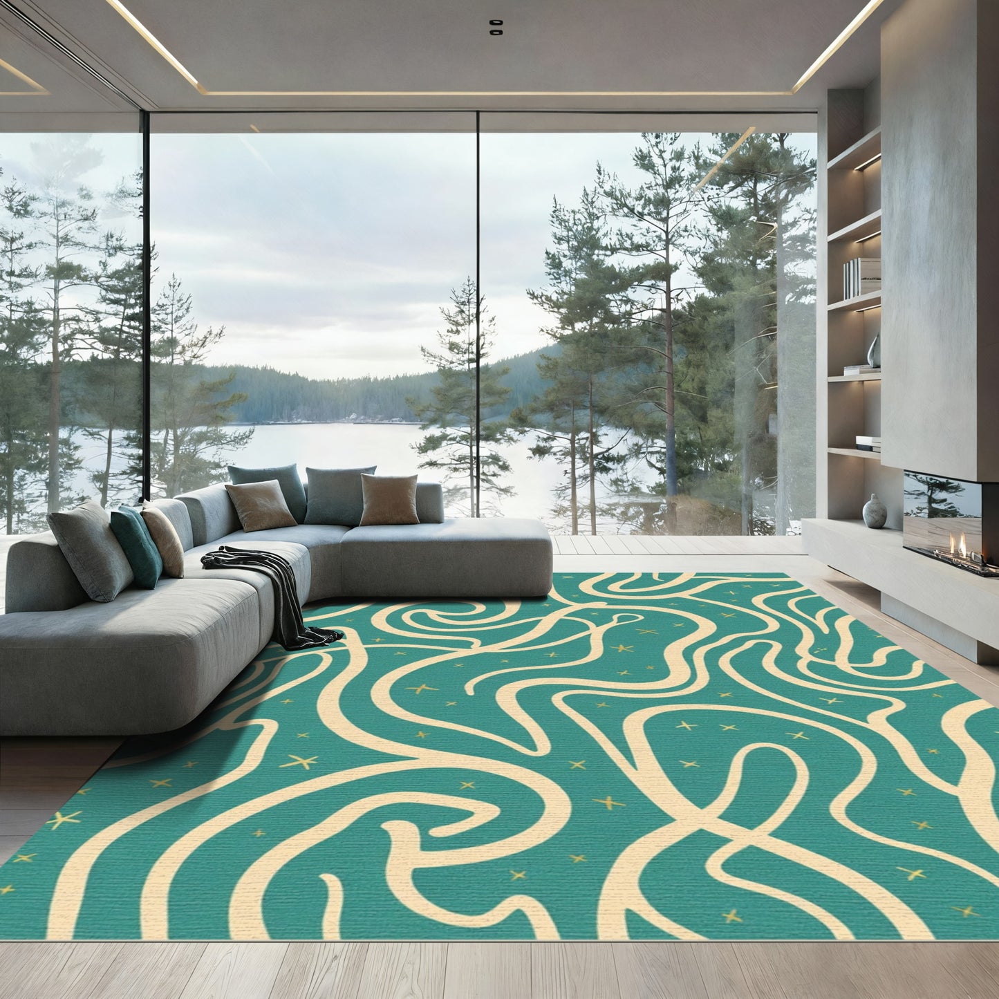 Teal Cream Wavy Swirl Starlet Rug