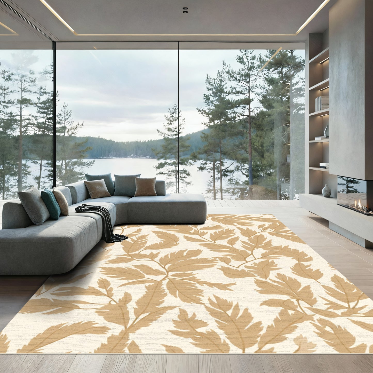 Golden Brown Leafy Branch Pattern Rug