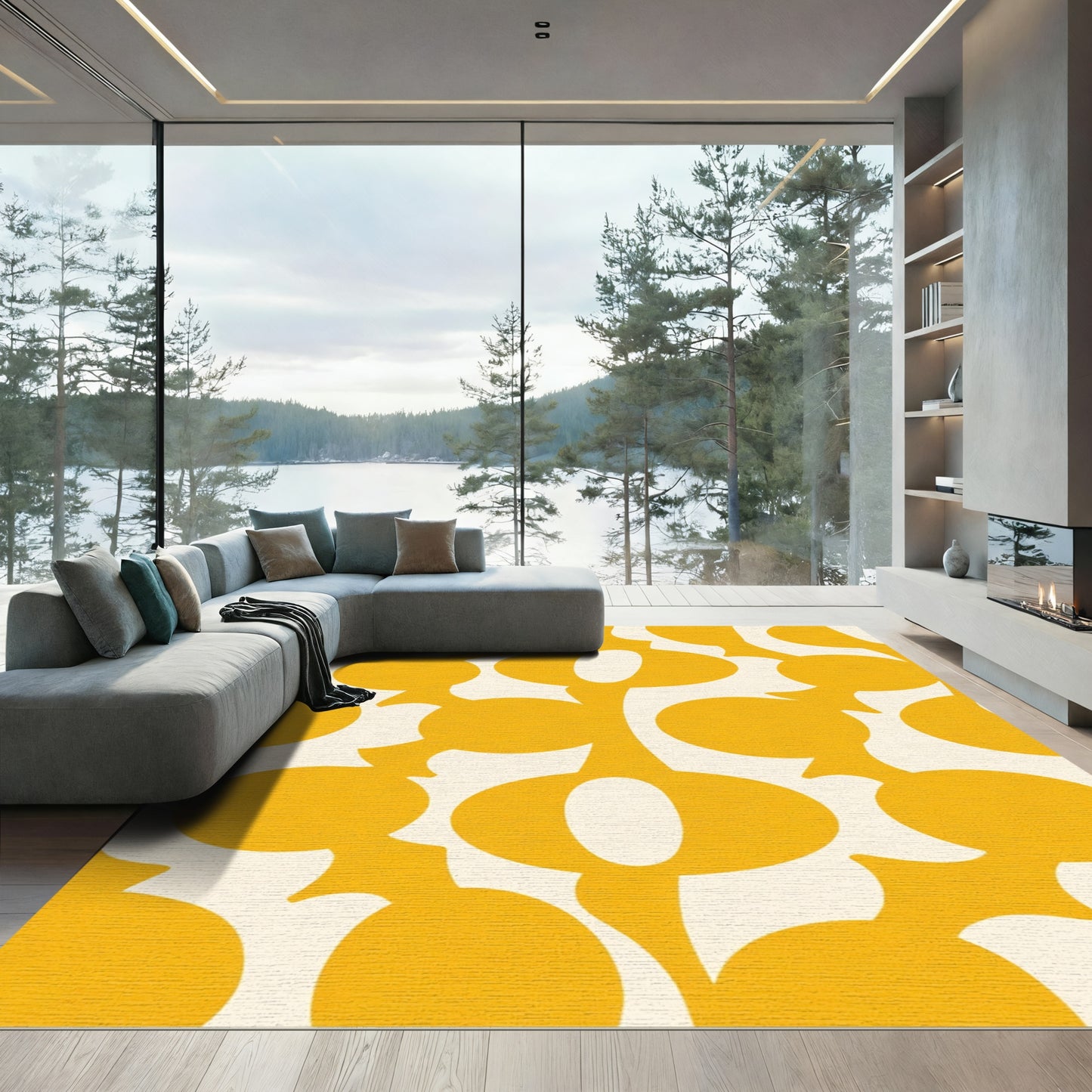 Golden Abstract Floral Medallion Rug