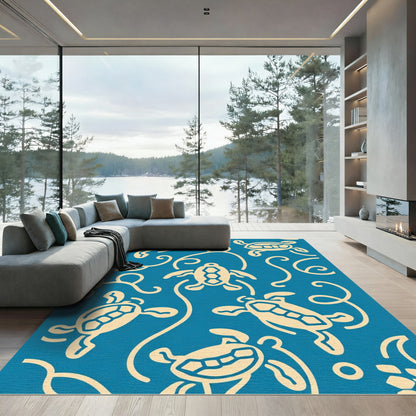 Blue Cream Turtle Swirl Motif Rug