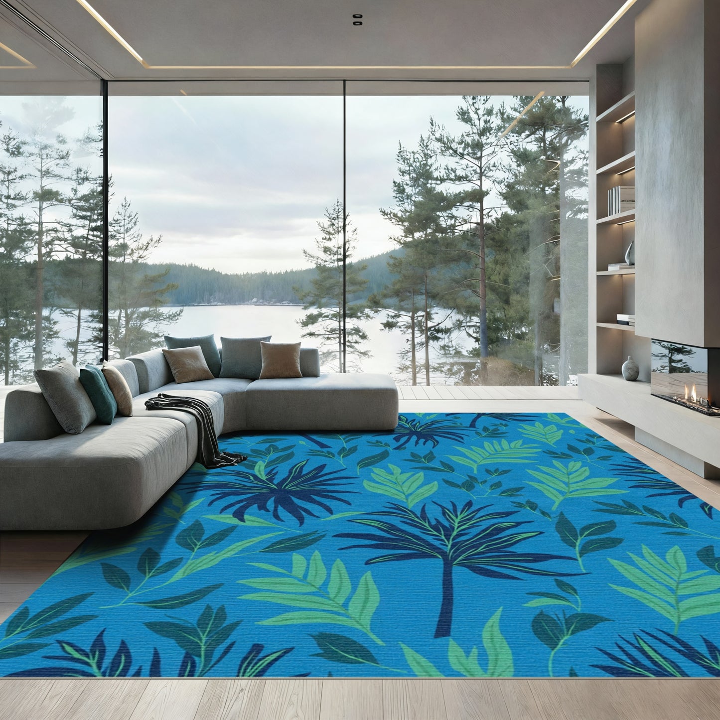 Deep Blue Tropical Foliage Rug