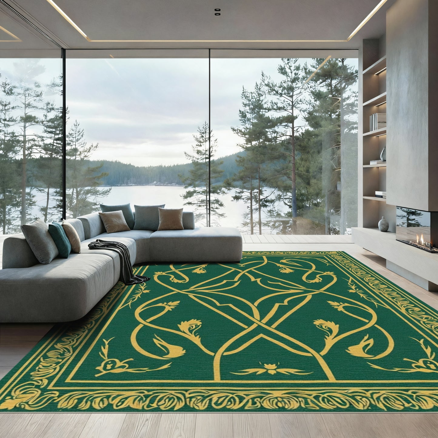 Emerald Gold Intricate Vine Scroll Rug