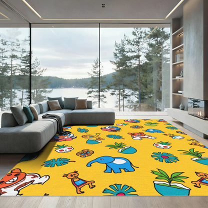 Whimsical Yellow Cartoon Animal Garden Rug