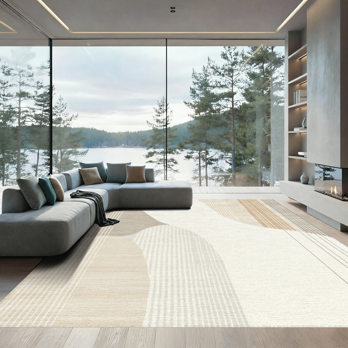 Abstract Beige Fluid Wave Rug