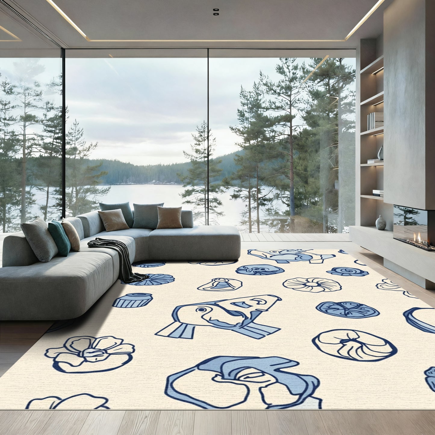 Pale Blue Ceramic Fossil Arrangement Rug