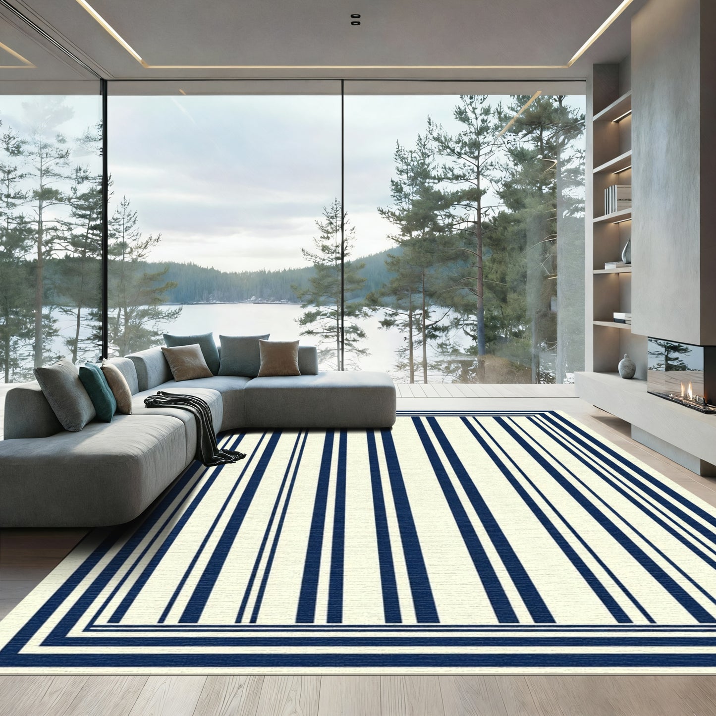 Elegant Navy Vertical Stripe Border Rug