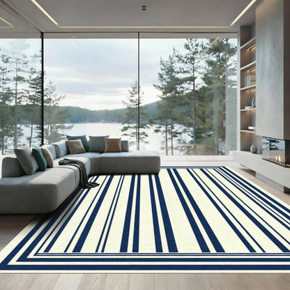 Elegant Navy Vertical Stripe Border Rug