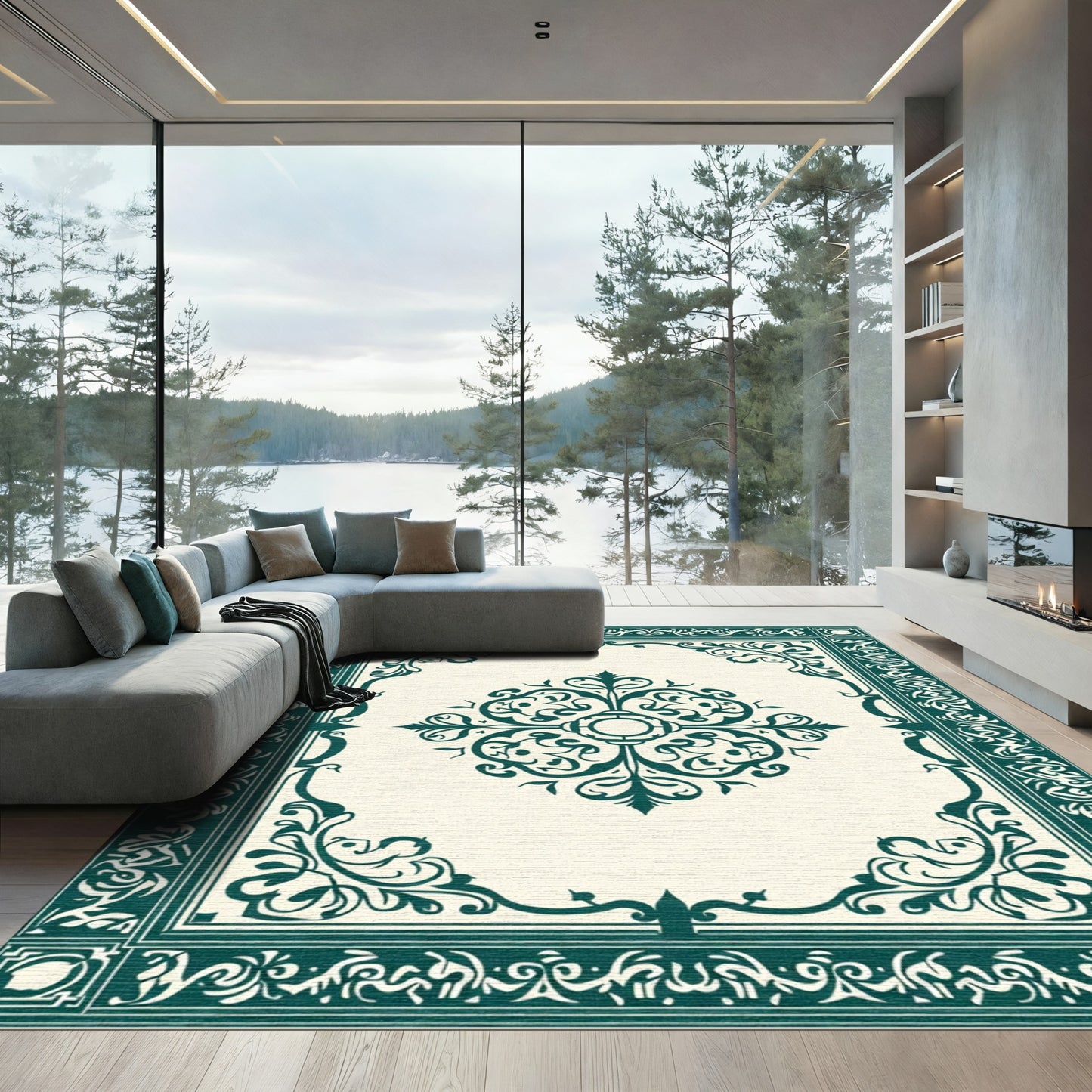 Elegant Emerald Scrollwork Medallion Rug