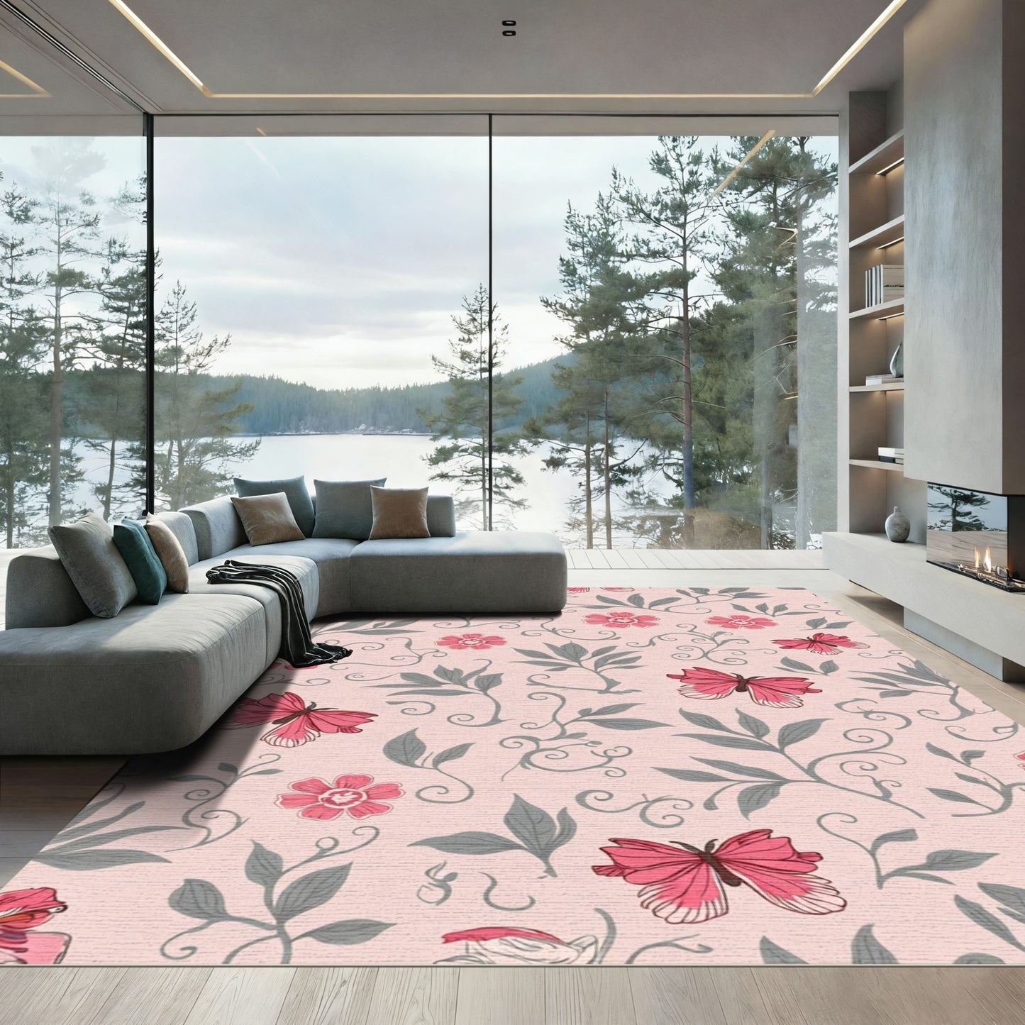 Pink Floral Butterfly Swirls Rug
