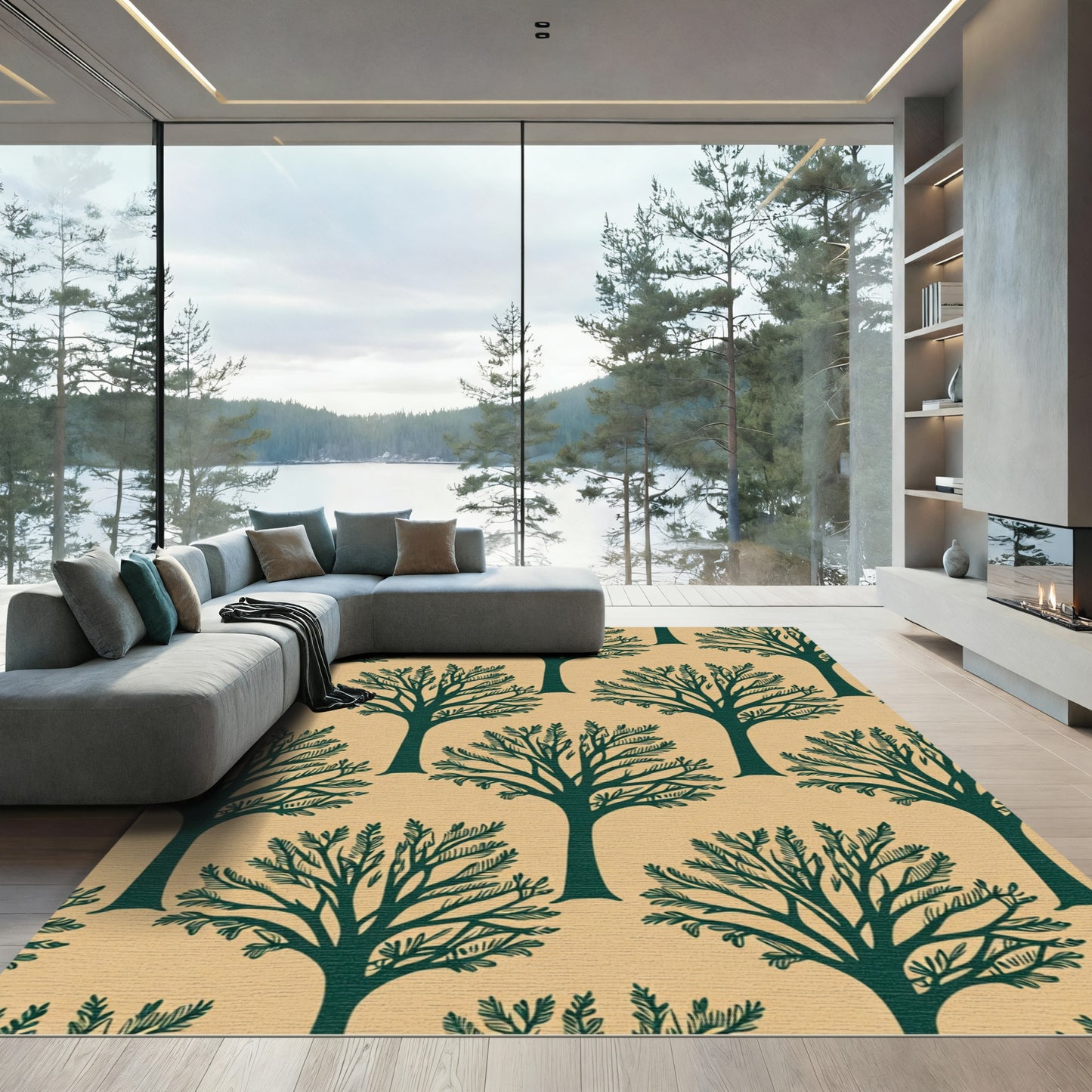Deep Forest Green Branching Trees Rug