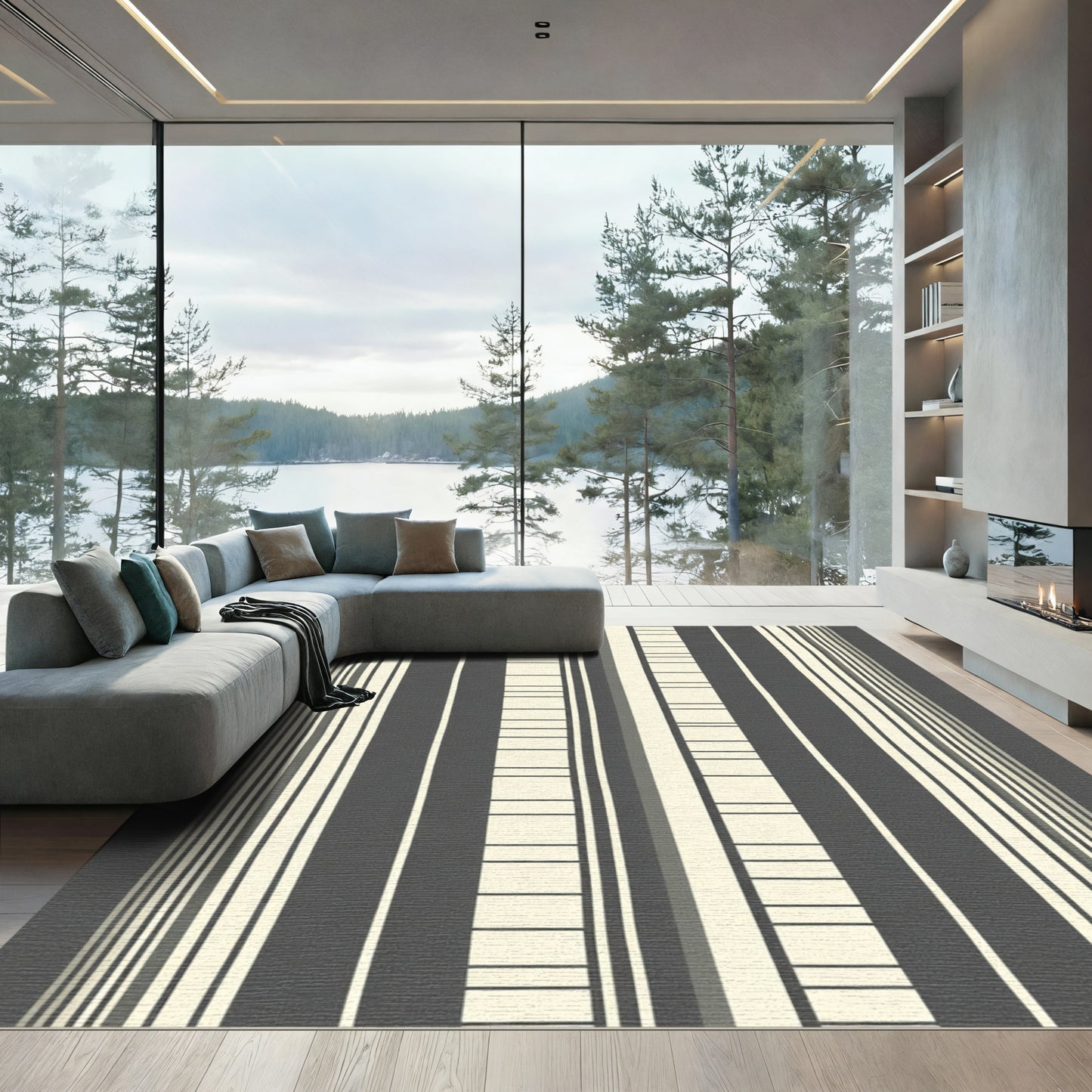 Modern Gray Cream Stripe Collection Rug