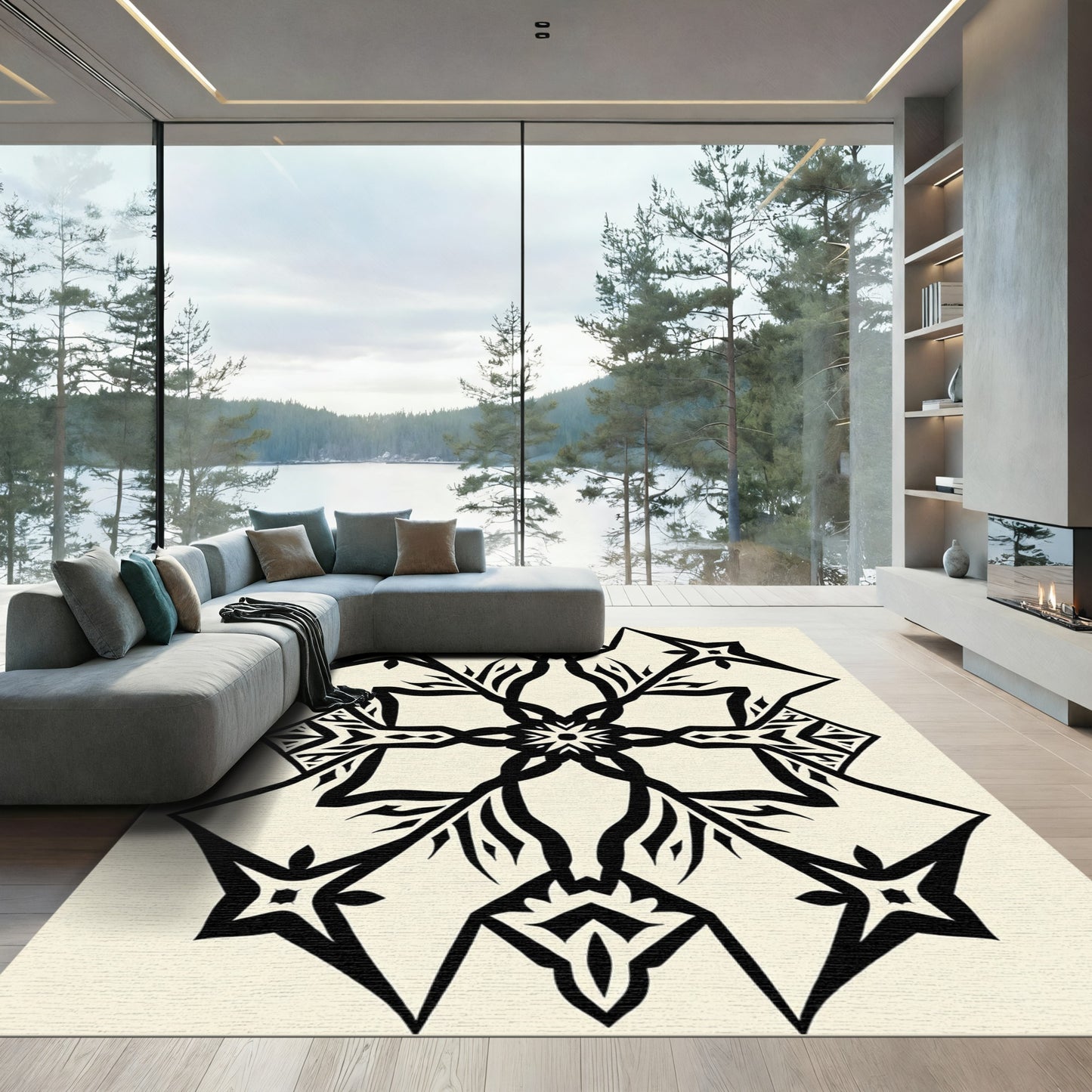 Black White Geometric Mandala Rug