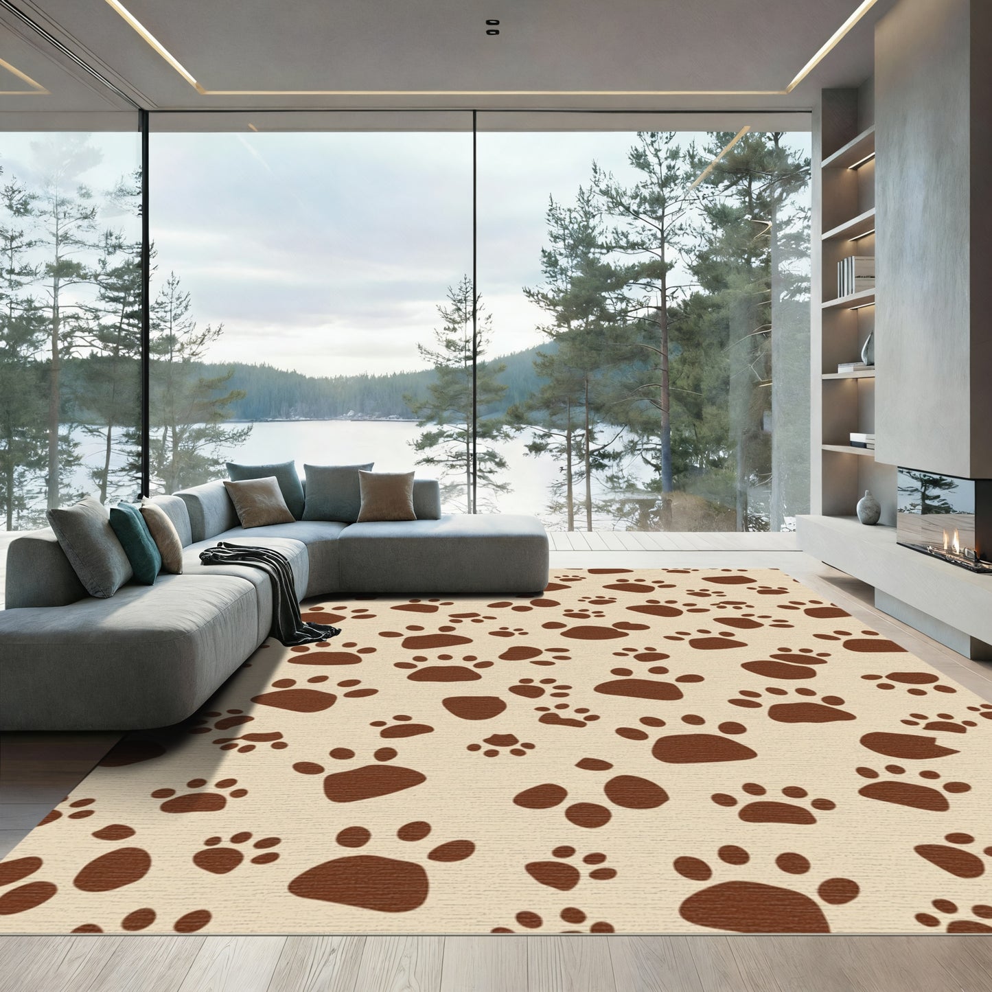 Brown Paw Prints All Over Rug