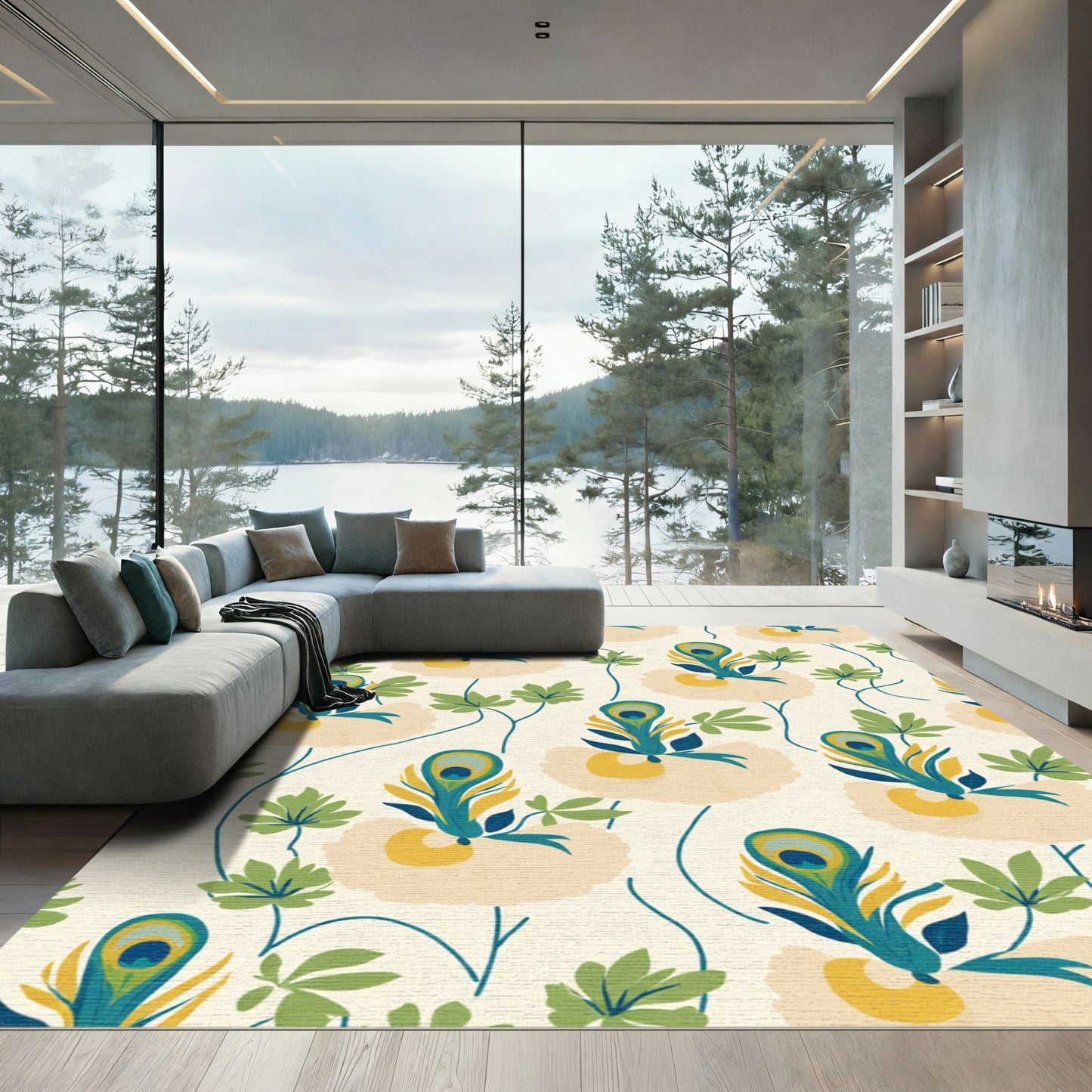 Peacock Feather Floral Cream Swirl Rug