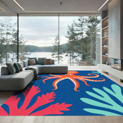 Orange Octopus Coral Reef Scene Rug