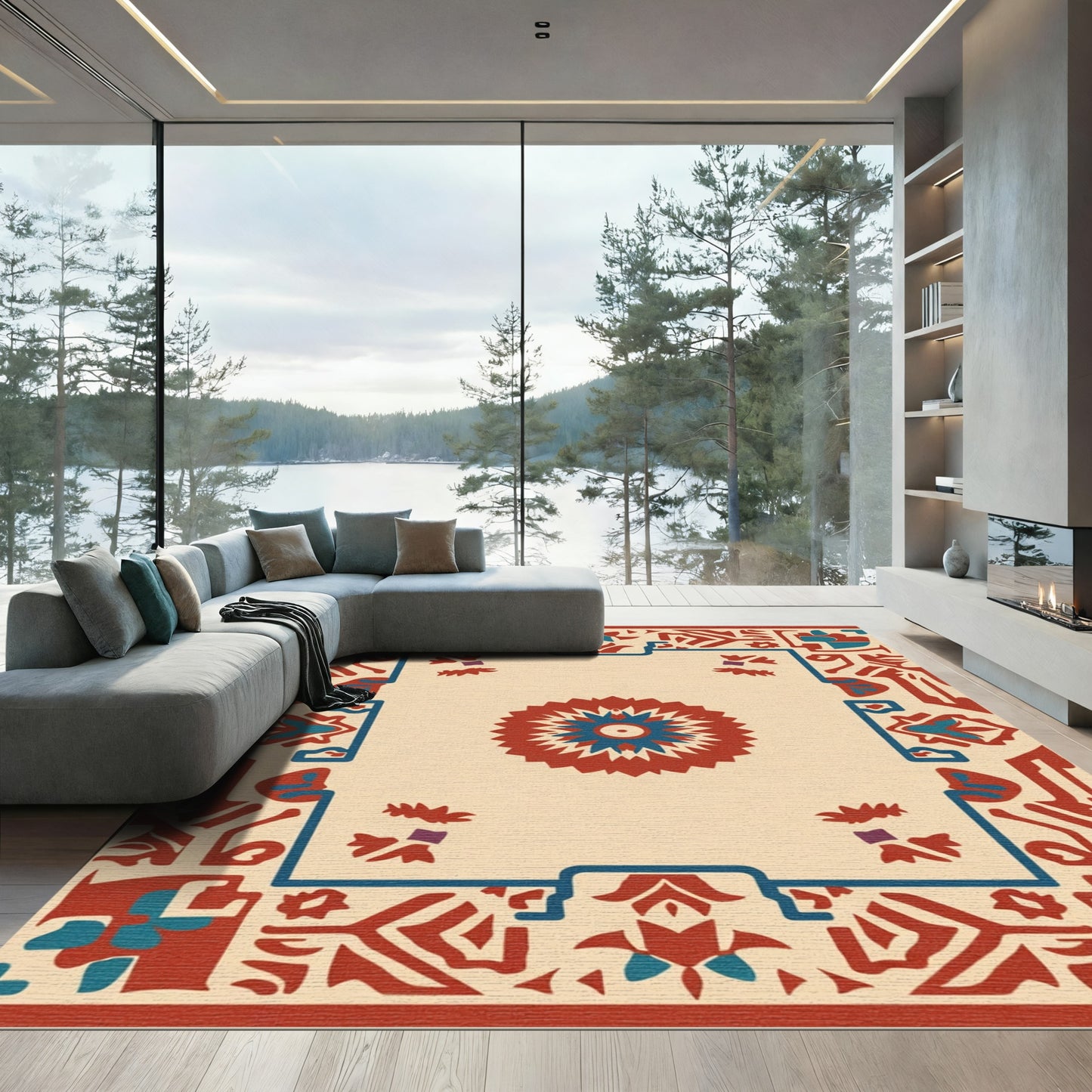 Rustic Red Blue Medallion Border Rug