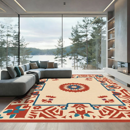 Rustic Red Blue Medallion Border Rug