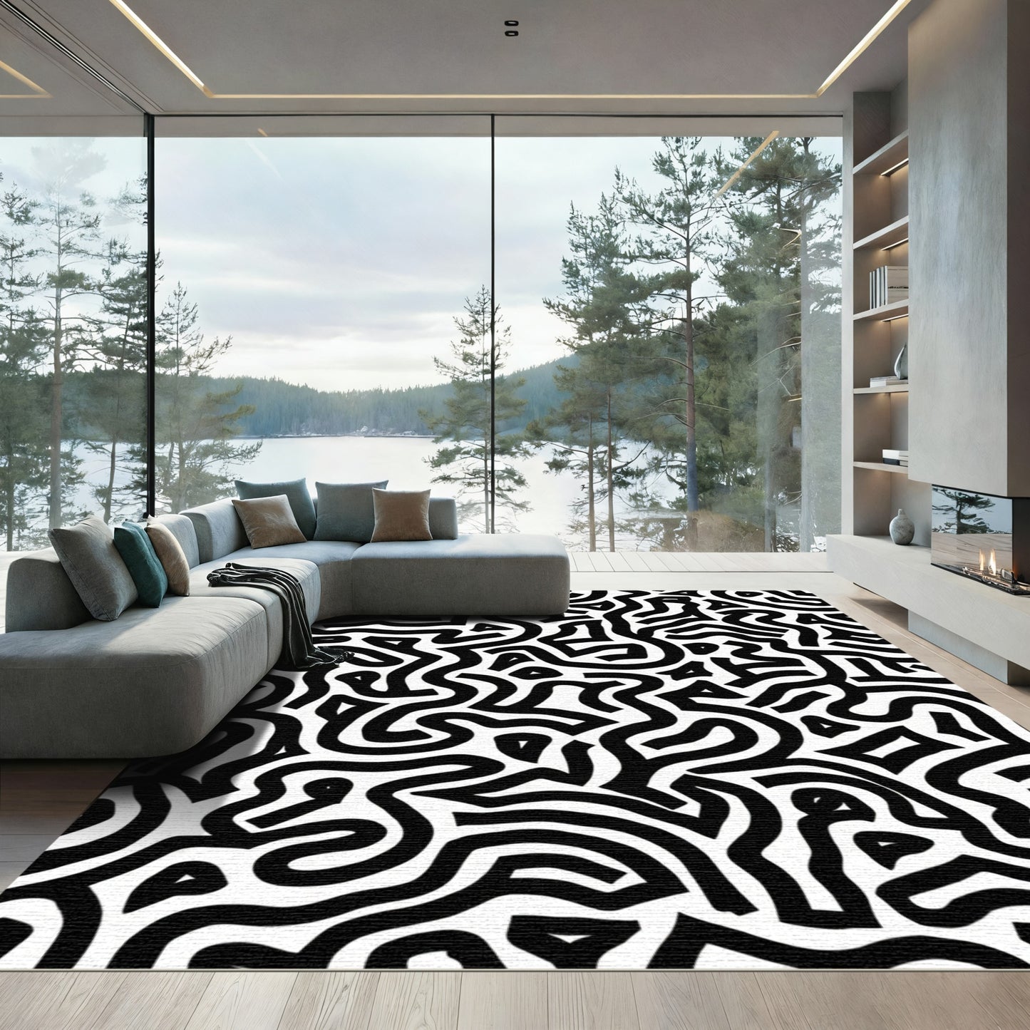 Black White Abstract Maze Line Art Rug