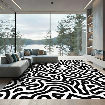 Black White Abstract Maze Line Art Rug