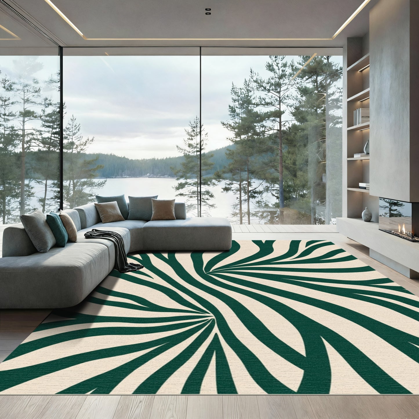 Dark Green Cream Swirl Rug