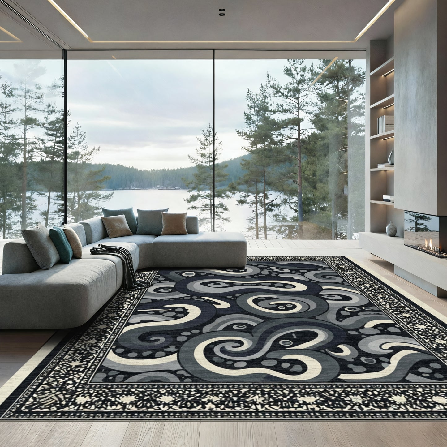 Dark Gray Swirl Serpent Brocade Rug
