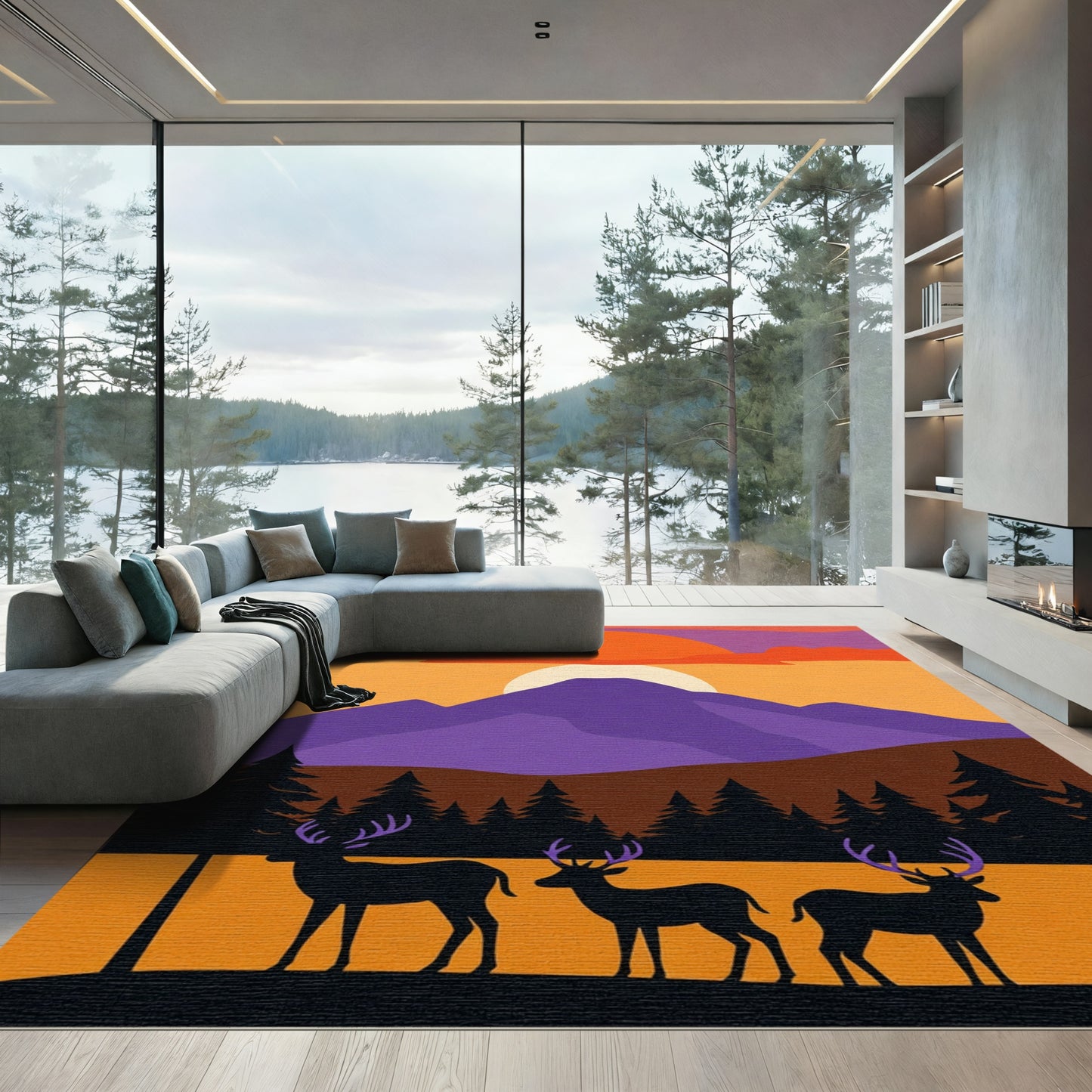 Vibrant Sunset Mountain Deer Silhouette Rug