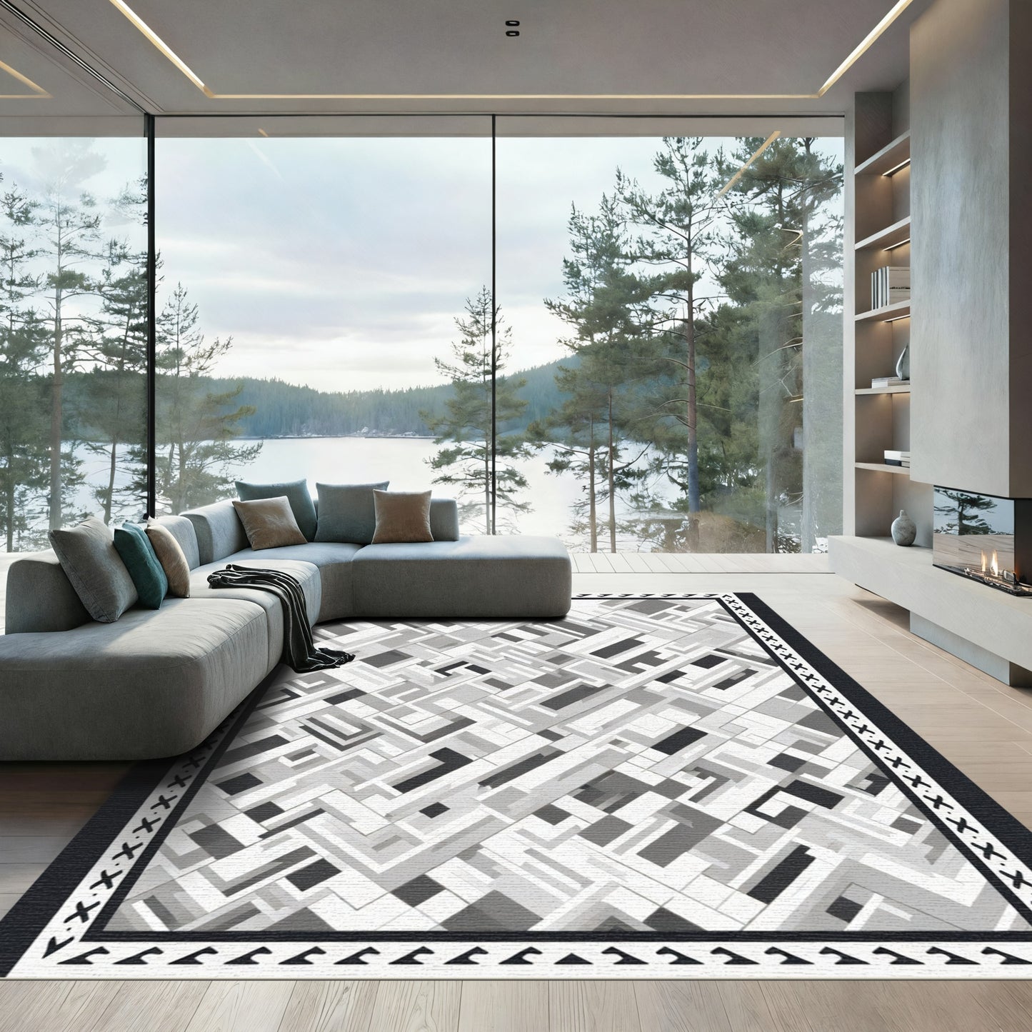 Monochromatic Abstract Geometric Maze Rug