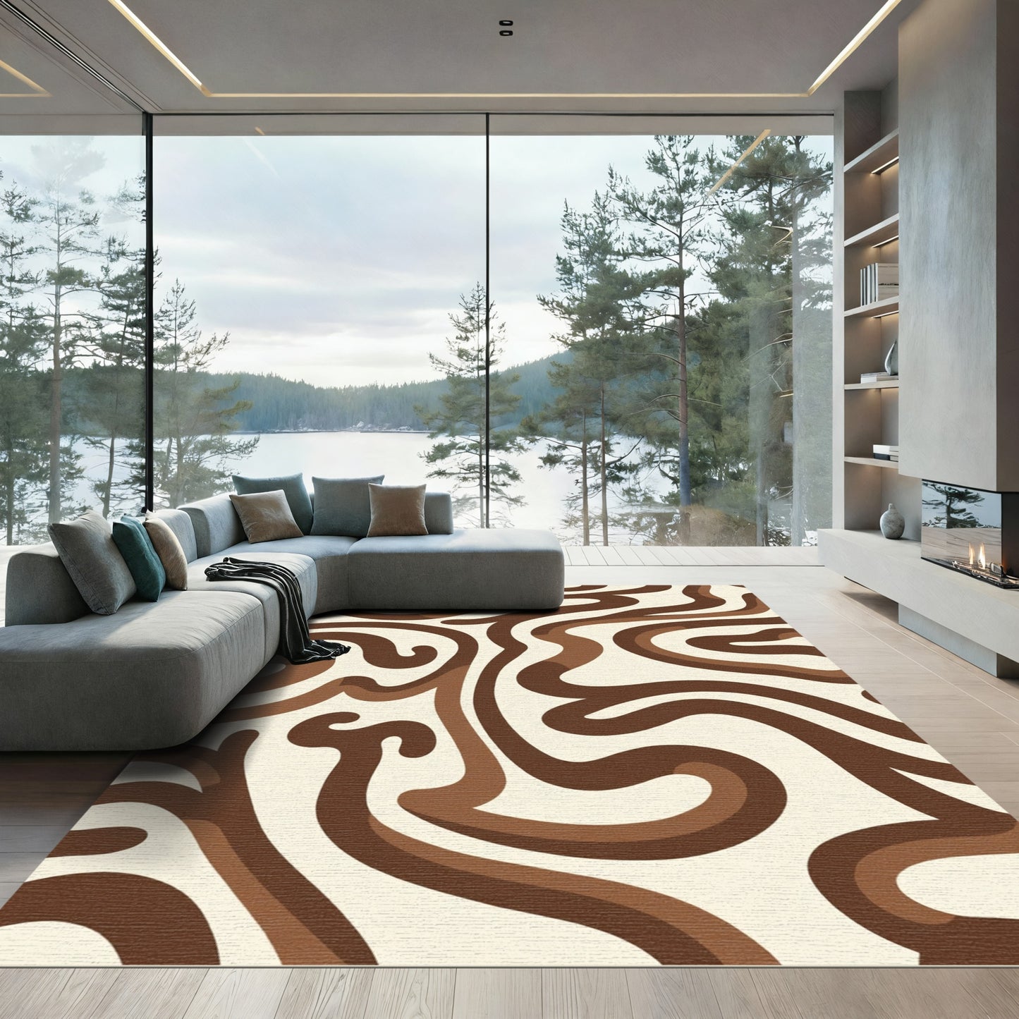 Brown Cream Swirl Fluidic Abstract Rug